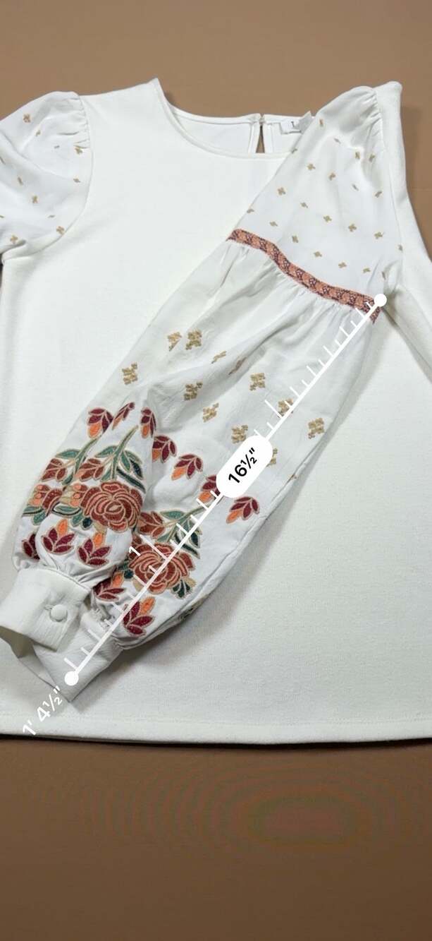 THML Floral Embroidered Puff Sleeve Blouse Cream Medium FTM843 - Picture 9 of 12